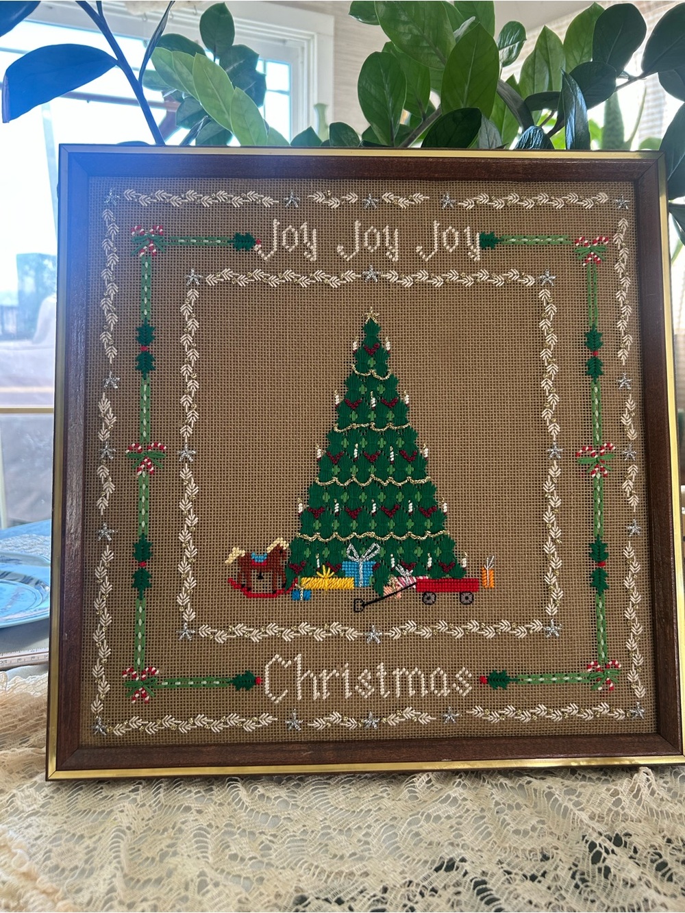 Handmade VINTAGE Joyful Green Christmas Tree Cross-Stitch Wall Art